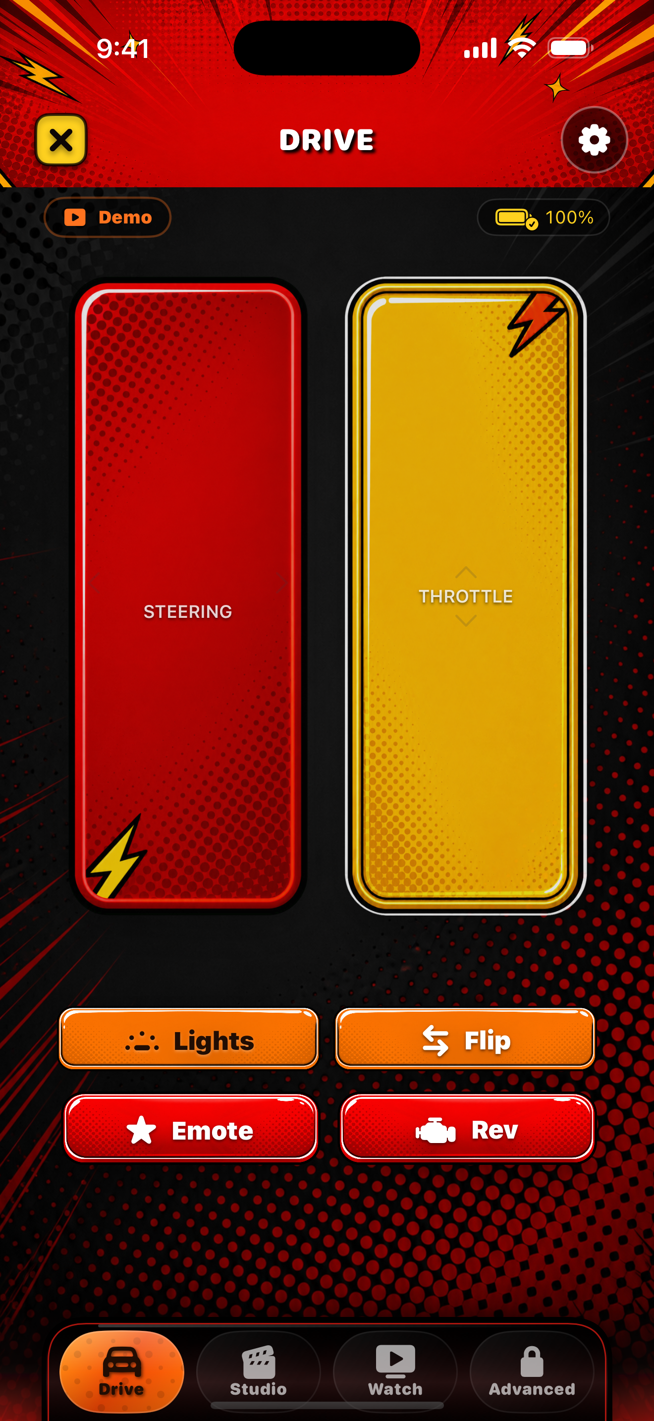 Current Red Thunder Remote Drive screen with comic-style steering, throttle, and four-mode navigation